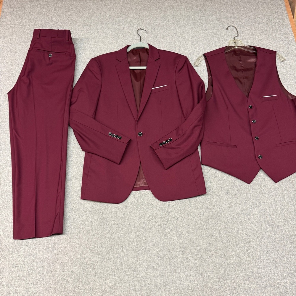 Unbranded | 3-Piece Suit Blazer Vest Pants | XS | Burgundy | Formal Slim Fit Set